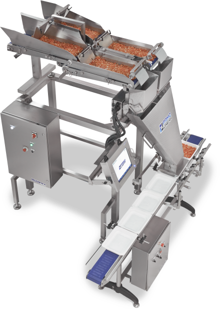 Conveyorized weigh filling machine for beef jerky
